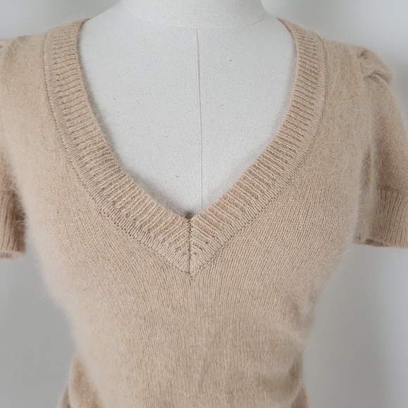 *Free with Purchase* Angora Puff Sleeve Mini Dress Tan V-neck Soft - Picture 4 of 12